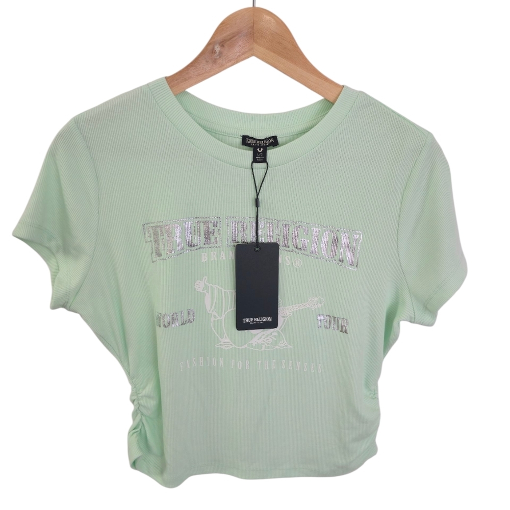 NWT True Religion Women's Gathered Ribbed Baby Tee Green Size Large